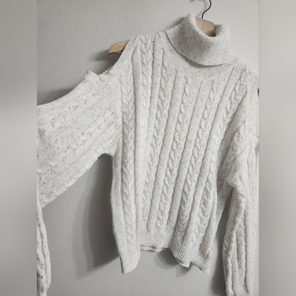 Cold Shoulder Cream Cable Knit Turtleneck Sweater - Picture 2 of 7